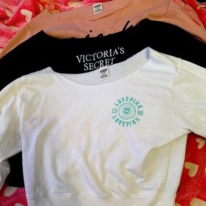 A set of three pre-cut off the shoulder Victoria’s Secret sweatshirts